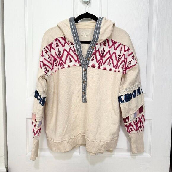 Anthropologie Pilcro Crafted Button Front Pullover Hooded Printed Lace Cream XS - Picture 3 of 8